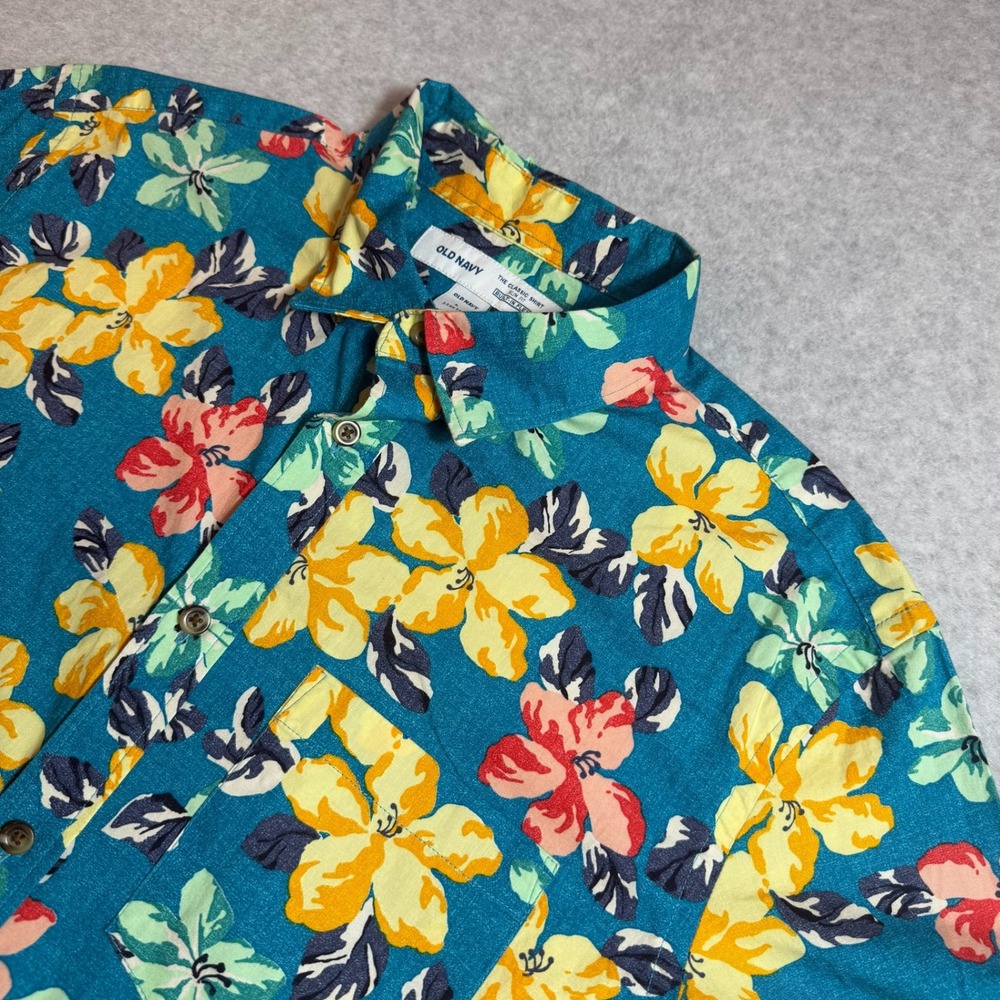Old Navy Button Up Shirt Men Large Teal Floral Slim Fit Flex Short Sleeve